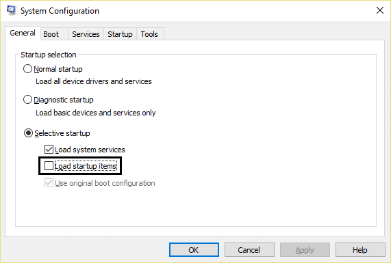 Perform Clean boot in Windows. Selective startup in system configuration 