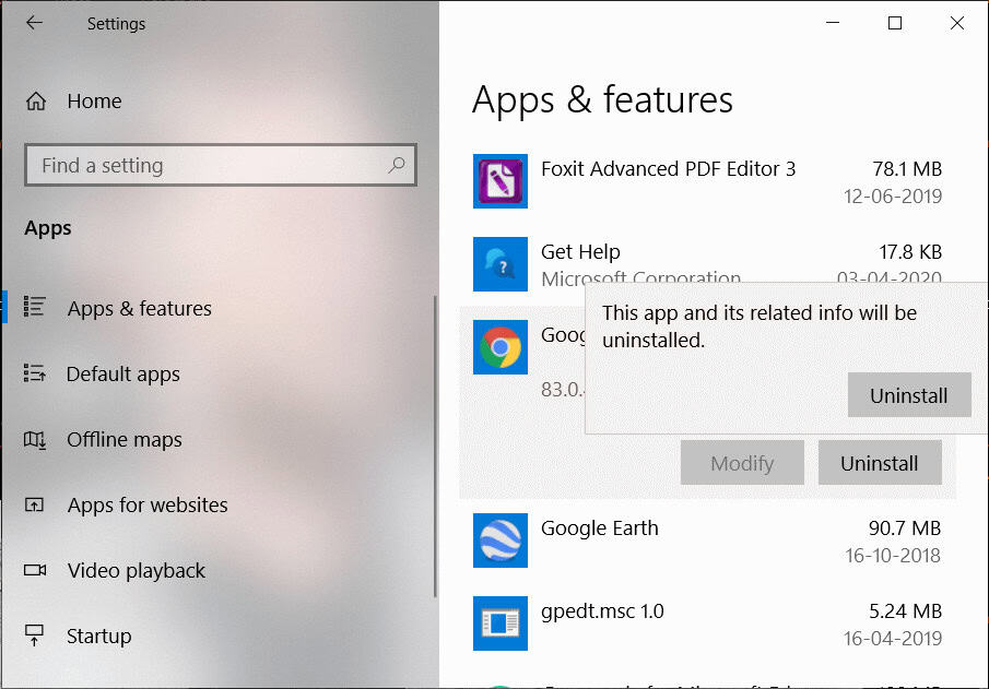 Again click on Uninstall button to confirm chrome uninstallation