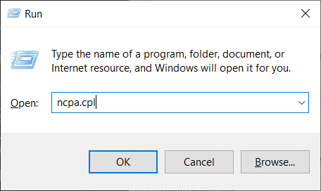 escriba ncpa.cpl en el cuadro de diálogo de ejecución.  Solucione el error FFXIV 90002 en Windows 10