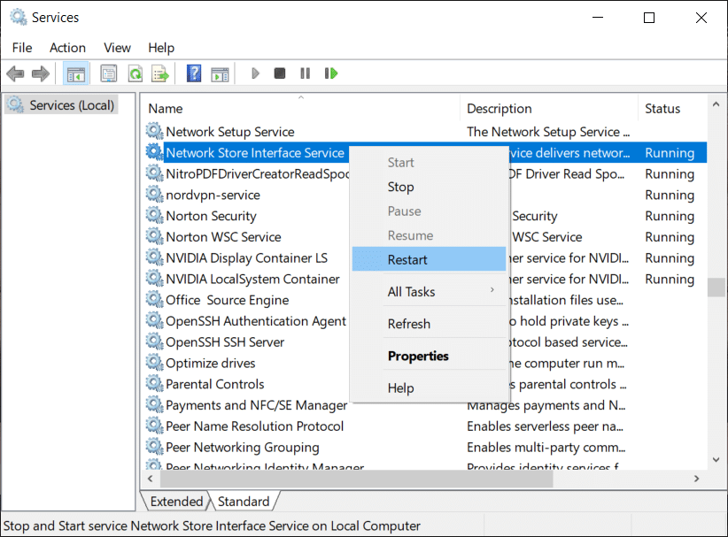 Right-click on Network Store Interface Service and select Restart