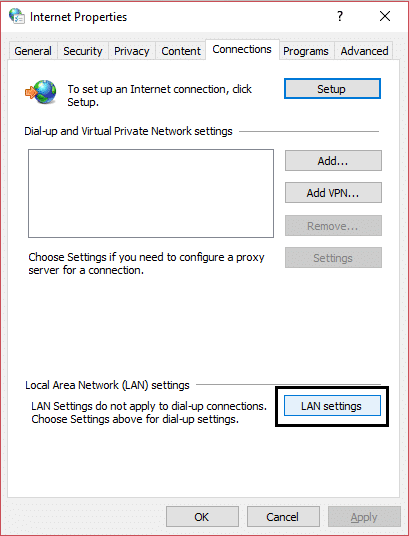 Lan settings in internet properties window