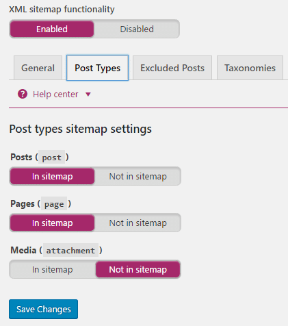 XML sitemap post type settings