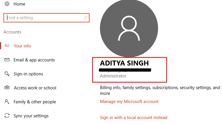 find your email address from your account info settings | Enable or Disable Administrator Account in Windows 10