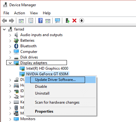 update driver software in display adapters