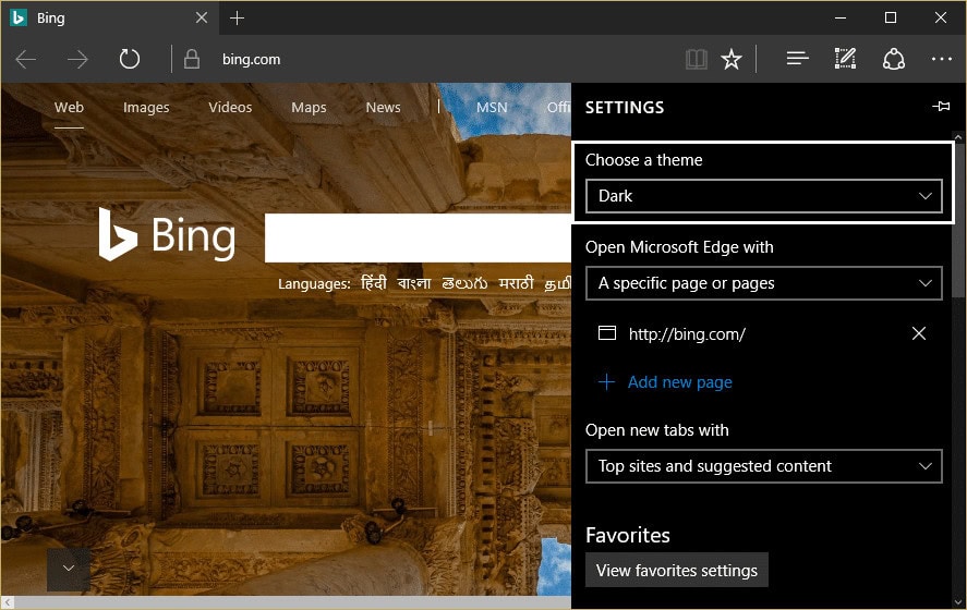 from Microsoft edge settings choose dark under choose a theme