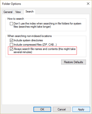 windows 10 file name search not working