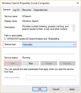 stop indexing service windows 10