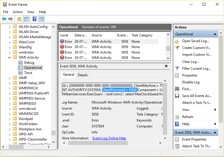 Expand WMI Activity then select Operational and look for ClientProcessId under Error