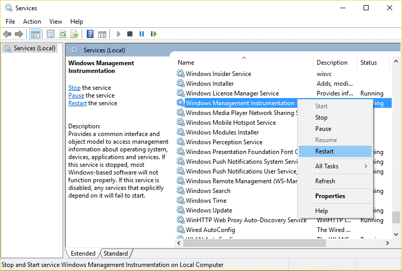 Restart Windows Management Instrumentation Service