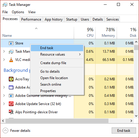 Right-click on Store and select End Task
