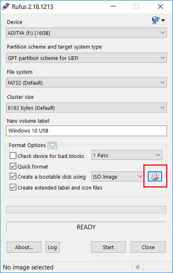 Now under Create a bootable disk using ISO image click the drive icon next to it