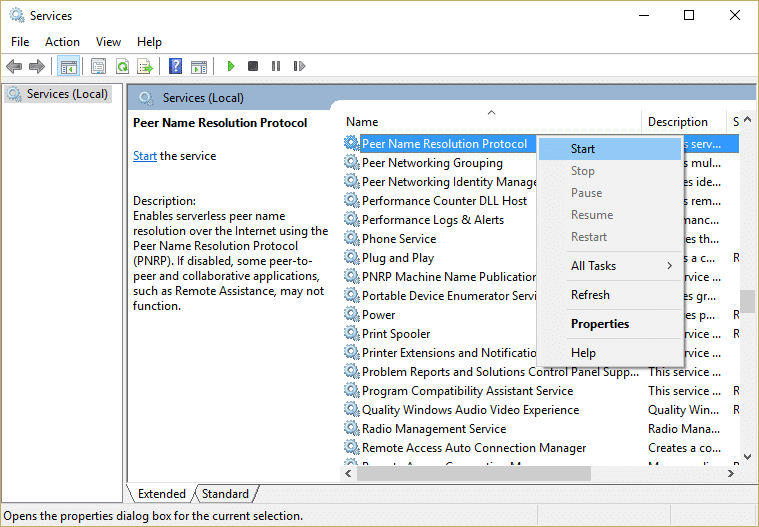  Klik kanan pada layanan Protokol Resolusi Nama Rekan dan kemudian pilih Mulai | Perbaiki Tidak Dapat Membuat HomeGroup Di Windows 10