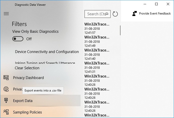 If you need to Export data from the Diagnostic Data Viewer app then click on Export Data button