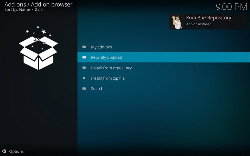 Kodi Bae Repository Add-on installed