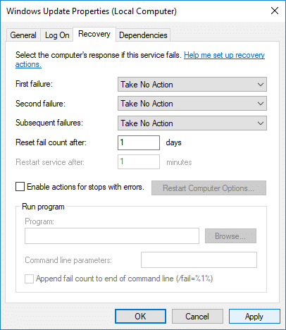 In Windows update service Properties window switch to Recovery tab