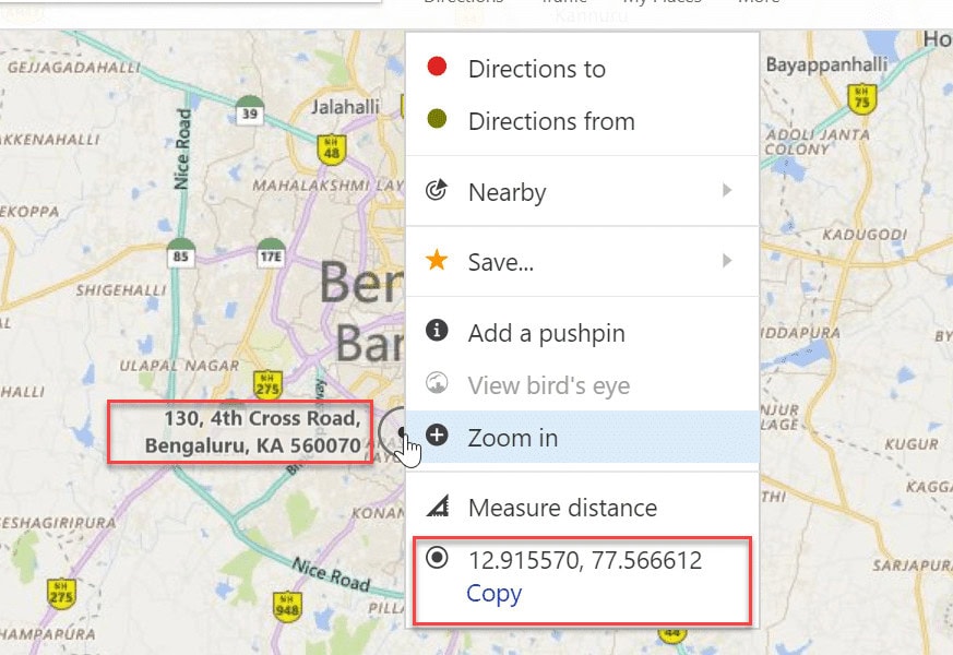 Right-click on Bing maps & you will get the co-ordinate & name of the location