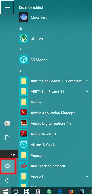 Go to Start then click Settings or press Windows Key + I keys to open Settings