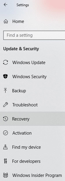 Click on Recovery present at left panel