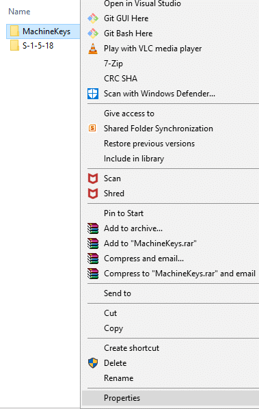 Klik kanan pada folder MachineKeys dan pilih properti