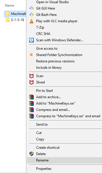  Klik kanan pada folder MachineKeys dan pilih opsi Rename