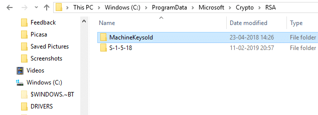  Anda dapat mengubah nama MachineKeys menjadi MachineKeysold | Perbaiki Tidak Dapat Membuat HomeGroup Di Windows 10