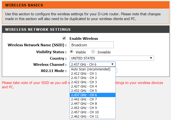 Choose any other wireless channel such as channel 6 and click Apply