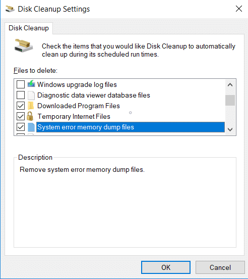  Aparecerá una nueva ventana de Configuración de Limpieza de Disco | Eliminará los Archivos de Volcado de Memoria de Errores del Sistema