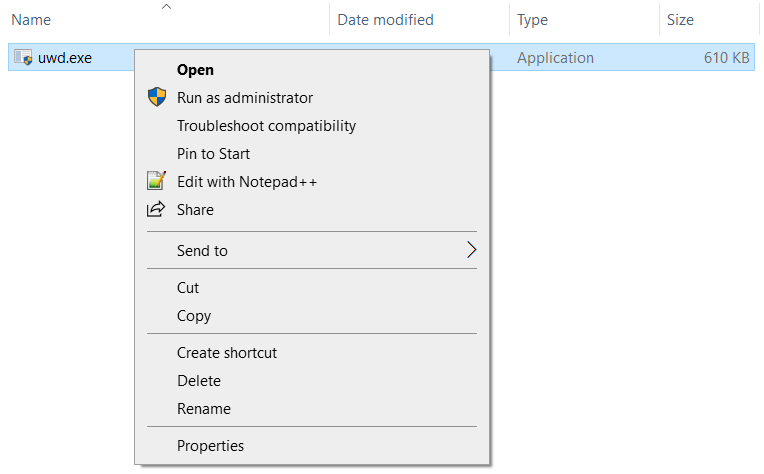  Klik kanan pada file UWD.exe dan pilih Jalankan sebagai administrator