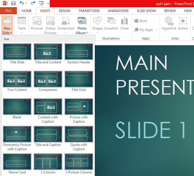 Click on ‘New Slide’ in insert menu and then clicking on ‘Blank’