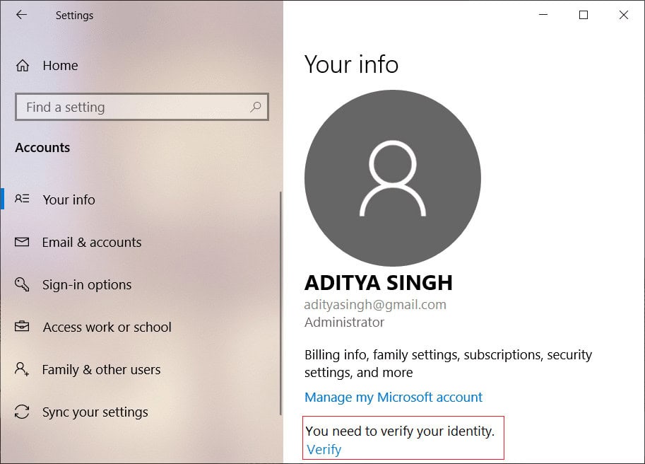 Verify this Microsoft User Account by clicking on the Verify Link