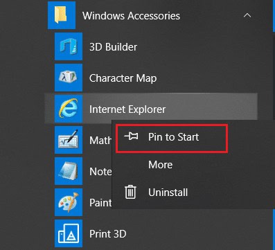 Right-click on Internet Explorer & choose the option Pin to taskbar