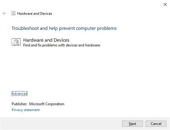 The Hardware and Devices Troubleshooter window will open.