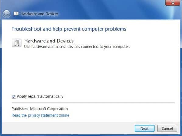 The Hardware and Devices Troubleshooter window will open up.