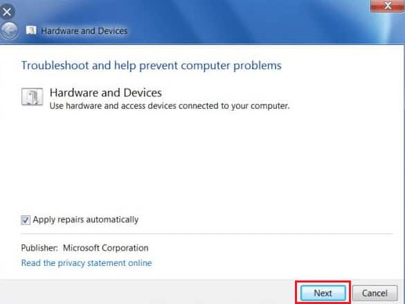 To run the Hardware and Devices troubleshooter, click on the Next button at the bottom of the screen.