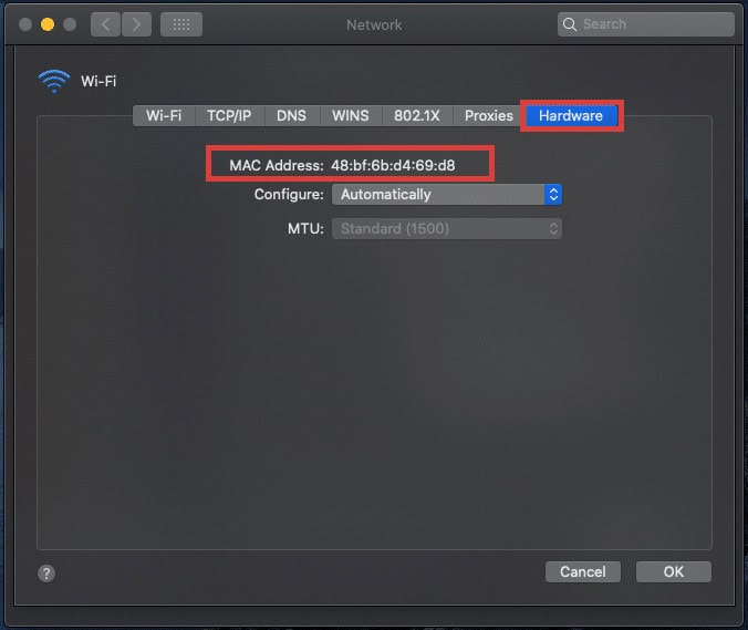 Now in the hardware tab, you will visualize the first line about the MAC Address