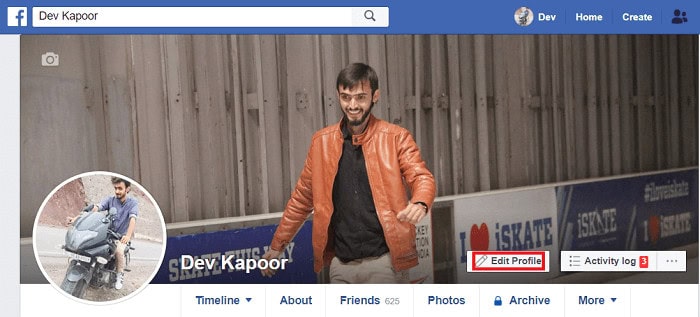 Under your cover photo, click the “Edit Profile” button in the timeline. Convert your Facebook Profile to a Business Page