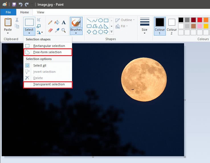 Enable the ‘Transparent Selection’ option and Choose between ‘Rectangle Selection’ and ‘Free-form Selection’