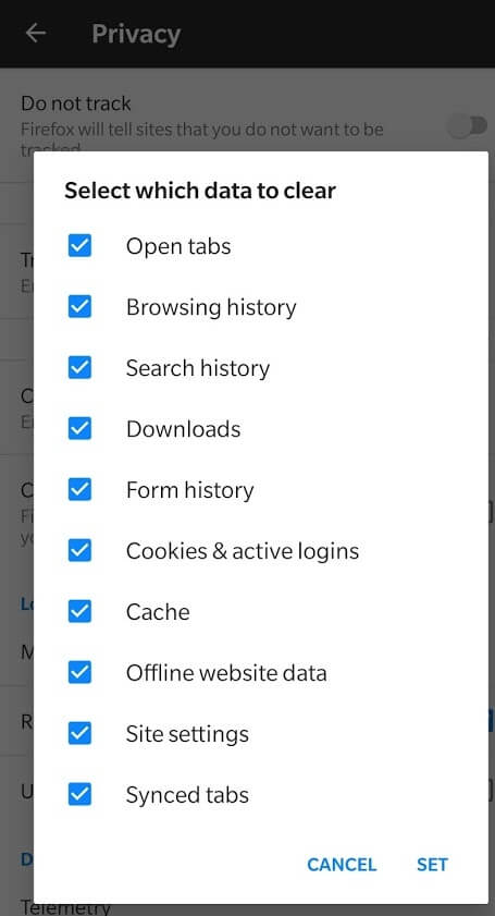 Once you are sure about your choices click on “Set” | Delete Browser History On Android