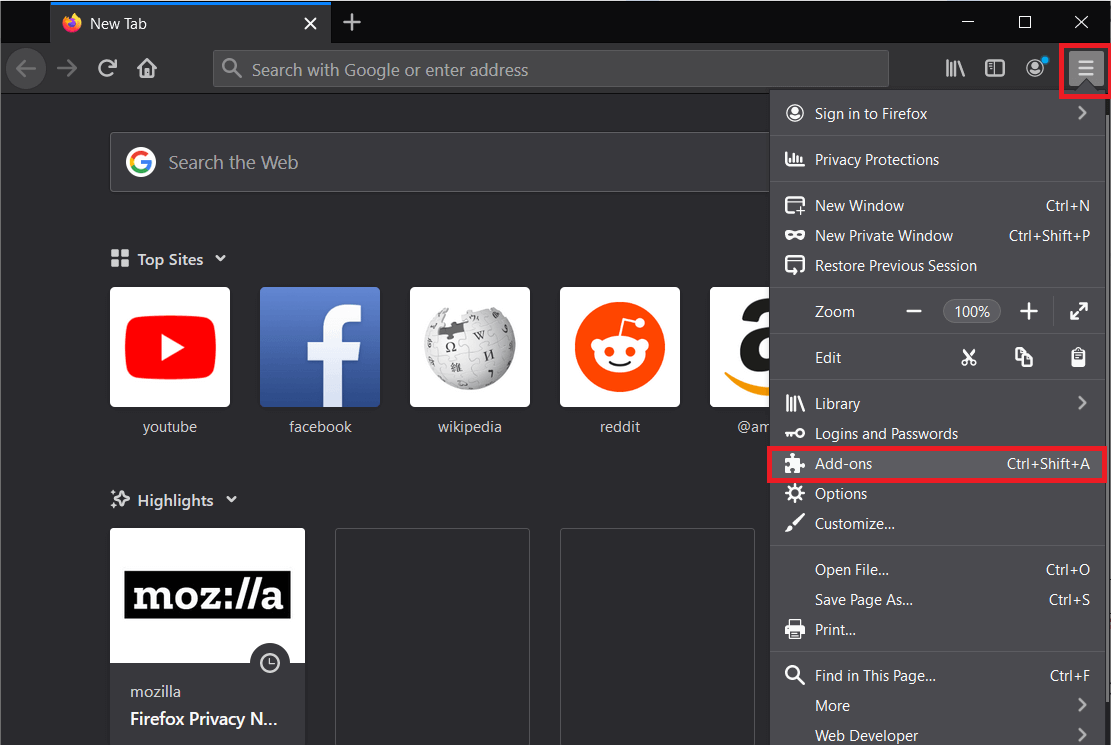 Click on the three horizontal bars at the top-right and then select Add-ons