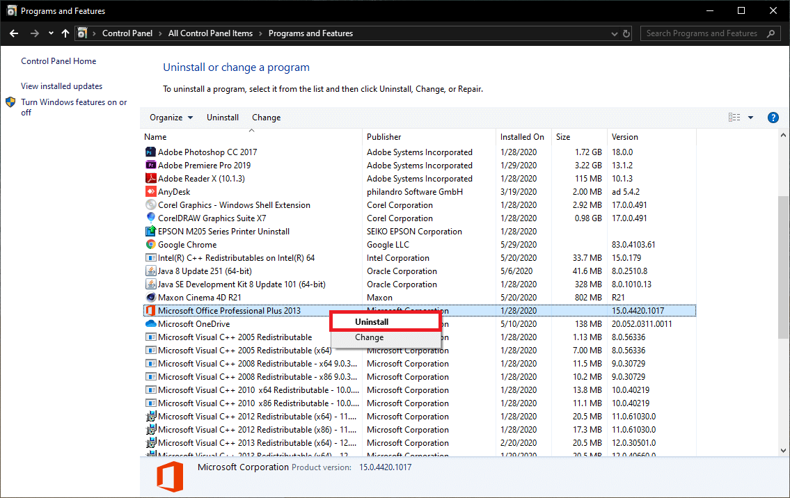  Klik kanan pada Microsoft Office 2010 atau Microsoft Office 2013 dan pilih Uninstall.