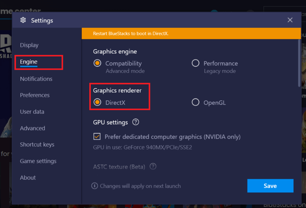  Di bawah Graphics Renderer, klik tombol radio di sebelah DirectX | Perbaiki Mesin Bluestacks Tidak Mau Mulai