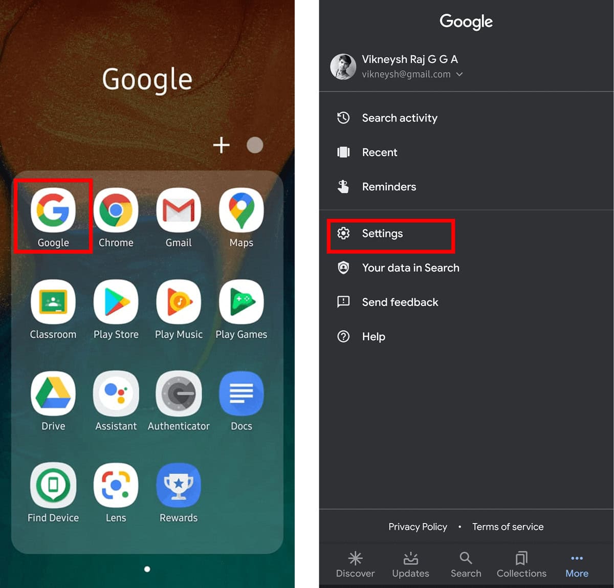 Open Google App then choose the&nbsp;More&nbsp;option then select Settings