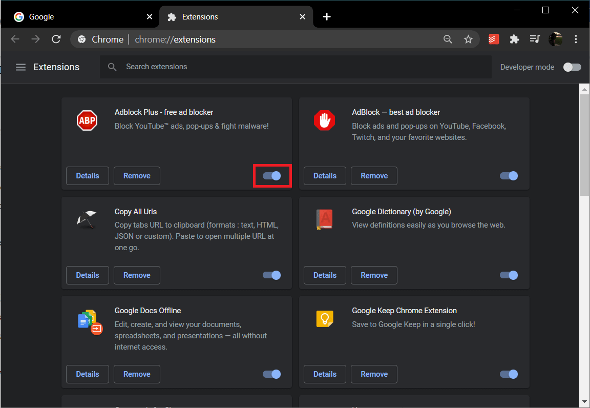 Click on the toggle switch next to an extension to turn it off | Fix Facebook Home Page Won't Load Properly