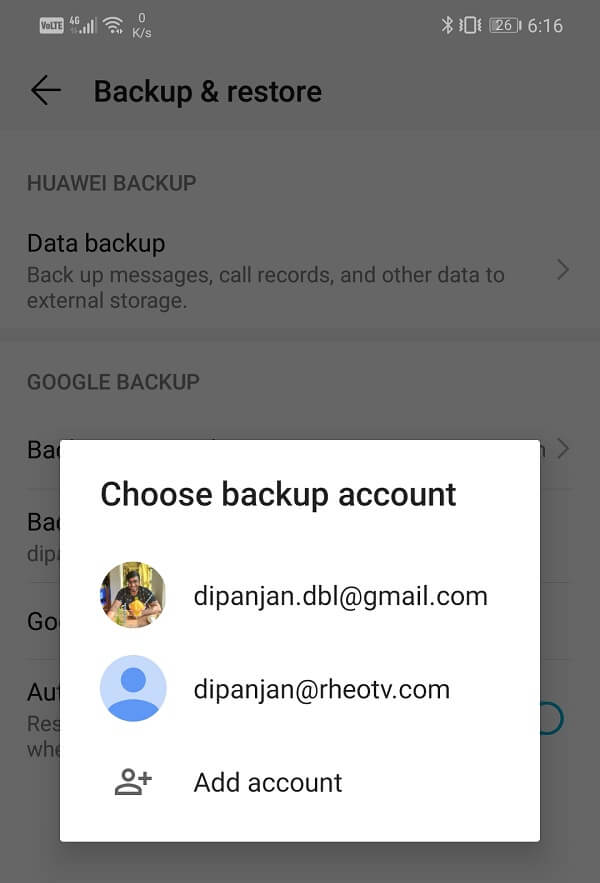  Di bawah bagian Google Backup, ketuk opsi akun Cadangan dan pilih akun Google Anda