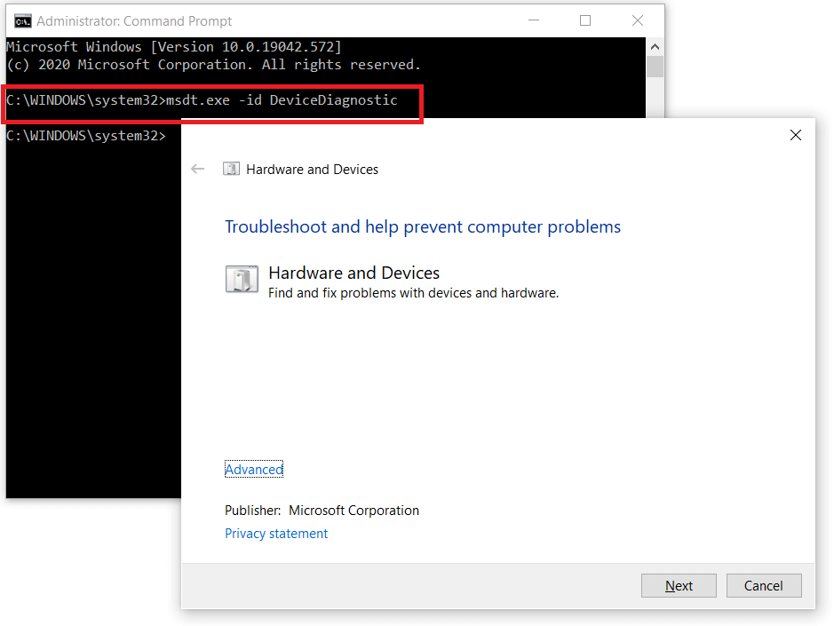 Run Hardware and Devices Troubleshooter from Command Prompt