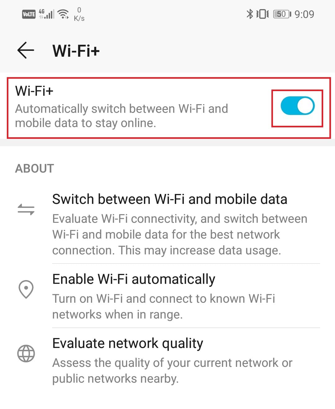  aktifkan sakelar sakelar di sebelah opsi Wi-Fi+. | tingkatkan sinyal Wi-Fi di Andro 