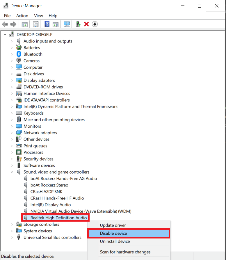 Right-click on Realtek High Definition Audio and select Disable device. | How to Fix Mouse Lag on Windows 10? 