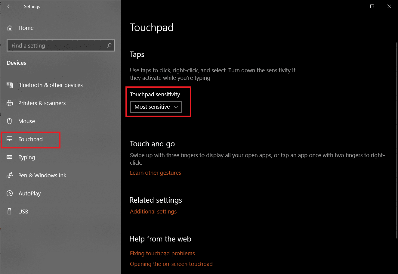 set the Touchpad sensitivity to ‘Most sensitive’.