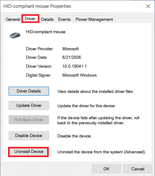  hapus instalan driver mouse saat ini sama sekali. Konfirmasikan tindakan Anda dengan mengklik tombol Uninstall