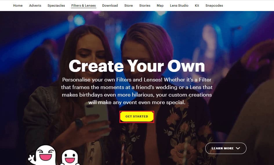 Open a web browser on your desktop and head to Snapchat. Click on get started.